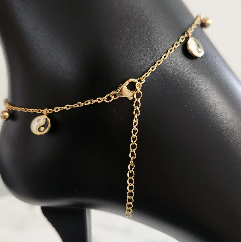 Gold Plated Yin Yang Anklet Adjustable Dainty Bracelet Minimalist Charm Jewelry - Picture 8 of 12
